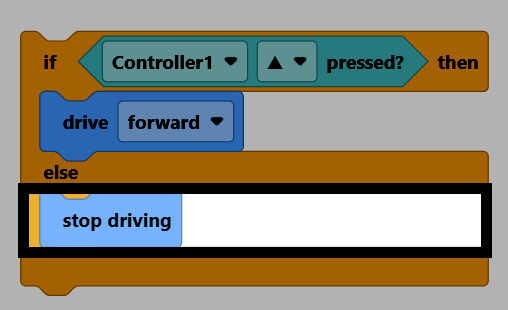 An if/else block with a controller ▲ button pressed Boolean block, a drive forward block, and a stop driving block, with the stop driving block highlighted.