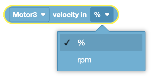 Diagrama que ilustra las unidades de velocidad del motor para motores inteligentes V5, incluidas las mediciones de RPM y porcentaje.