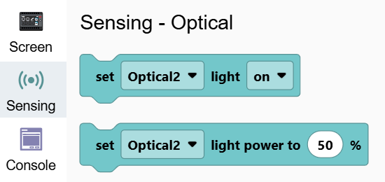 Captura de pantalla de la caja de herramientas con la categoría Sensores abierta, que muestra el conjunto de bloques de luz Optical2.