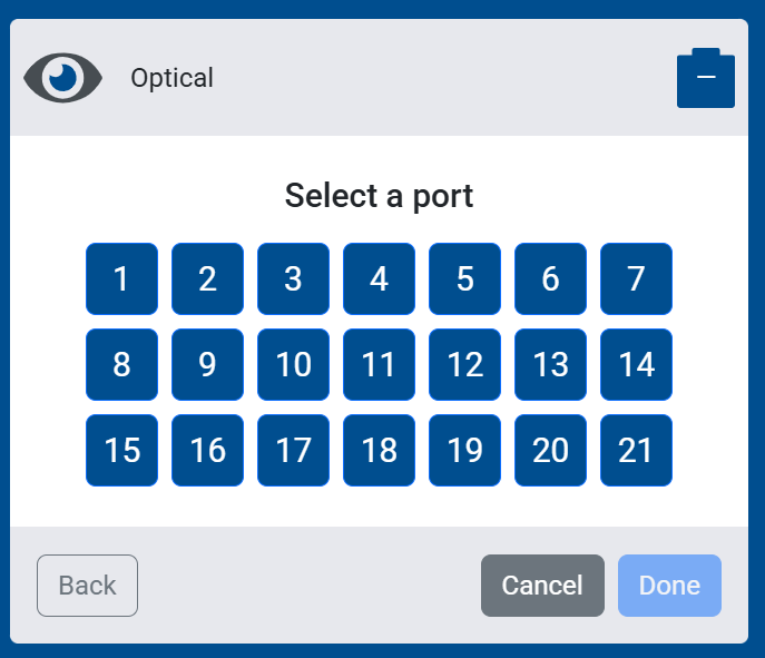 Captura de pantalla de la pantalla de selección de puerto para un sensor óptico, que muestra los puertos del 1 al 21 para elegir.