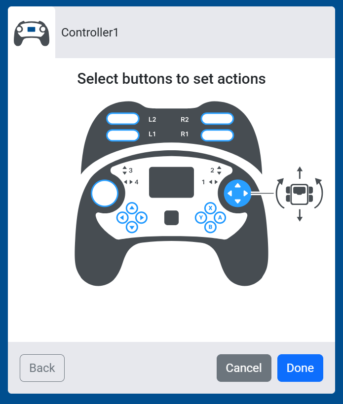 Screenshot of the Select buttons to set actions screen, showing the right joystick set to control the Drivetrain's movement and turning together.