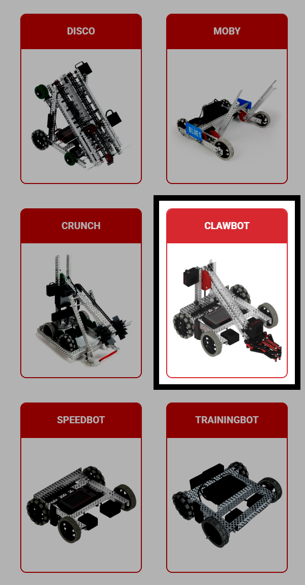 Screenshot of the Select a build screen, with the Clawbot build highlighted among other robot builds.