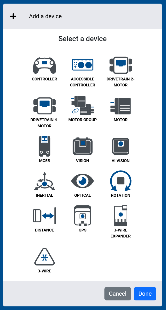 Screenshot of the Select a device screen, showing the available Smart Port sensors, along with a 3-Wire option.