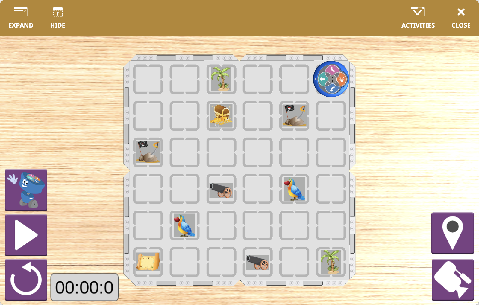 The VEXcode VR Playground window showing the 123 Playspace Playground. It shows the VR Robot navigating to collect treasure and avoid the pirates.