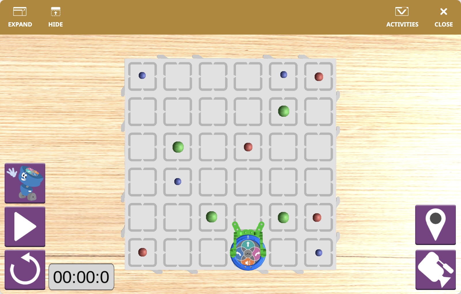 The VEXcode VR Playground window showing the 123 Playspace Playground. It shows the VR Robot using a pusher on the front of the robot to clean the field.