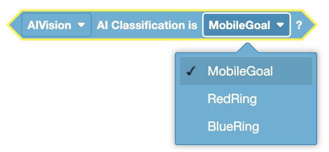 El bloque en la imagen dice: "¿La clasificación de IA de AI Vision es MobileGoal?". El menú desplegable junto a "MobileGoal" está abierto y muestra opciones para seleccionar "MobileGoal", "RedRing" o "BlueRing".