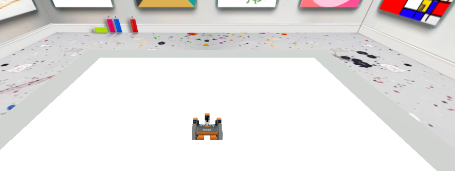 Diseño de patio de juegos Art Canvas+ con una cuadrícula de 2000 mm, robot VR que comienza en (0, 0) y muestra los atributos y sensores del robot.