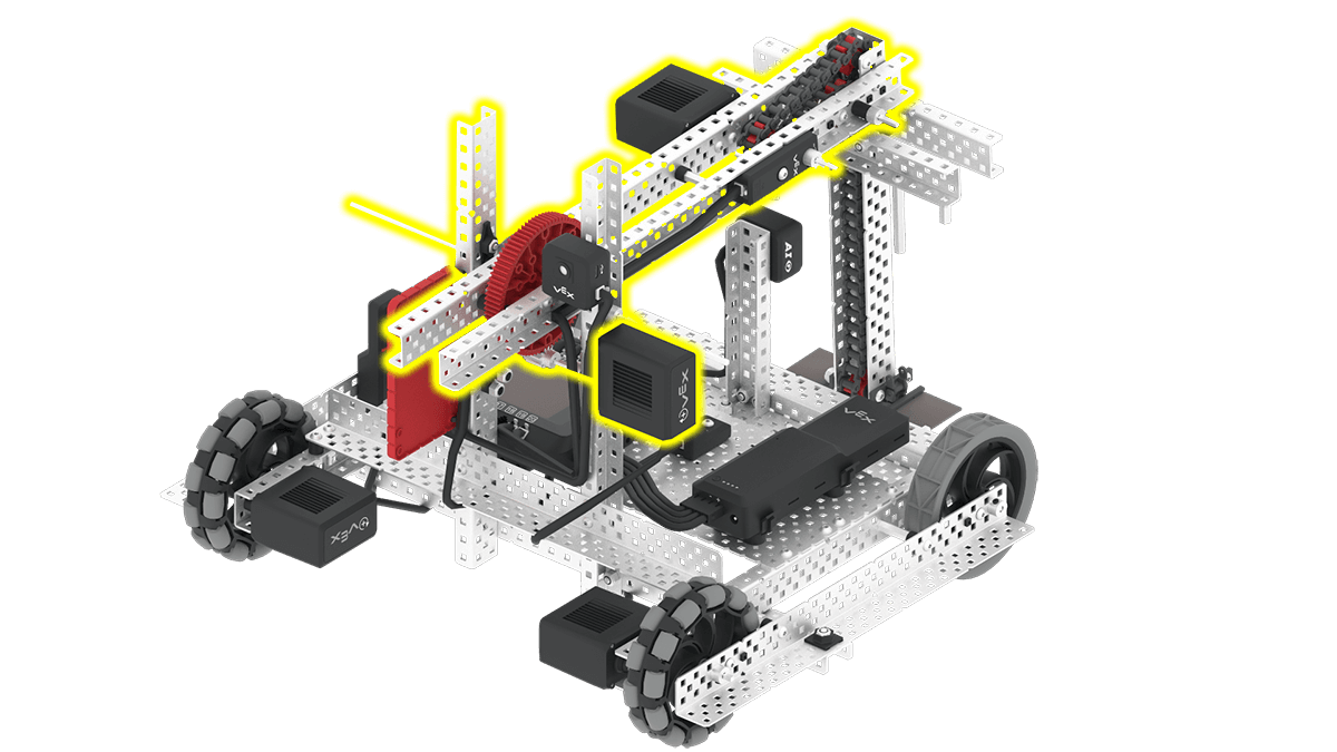 Imagen del motor del brazo del Axel VEX V5 Hero Bot, que muestra su configuración para subir y bajar el brazo.