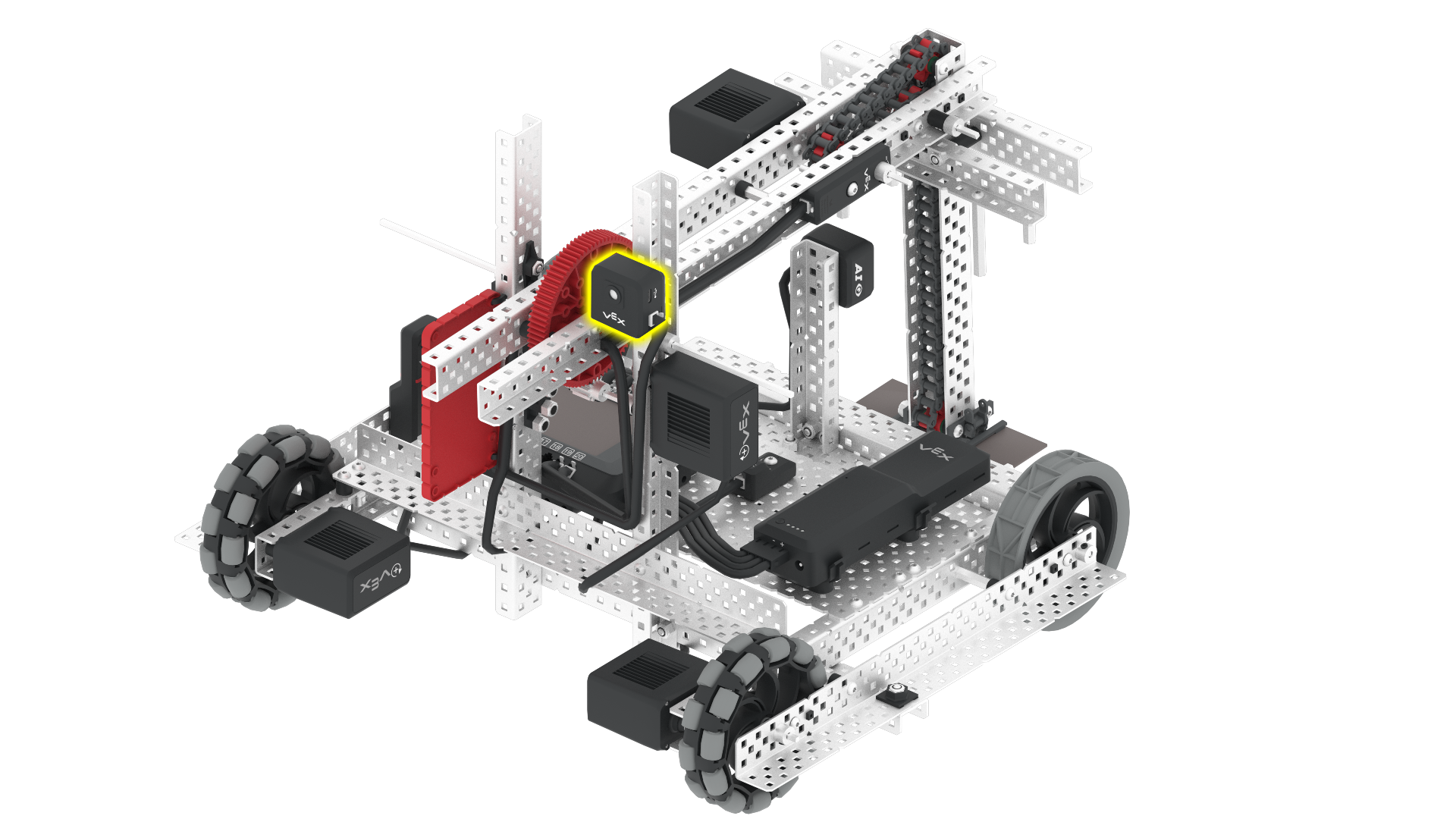 A VEX Robotics robot with a complex structure made of metal components and several electronic parts. Two VEX GPS sensors are highlighted in yellow, positioned on the robot's frame. These sensors are used for precise navigation and positioning during autonomous tasks, helping the robot to determine its exact location on the field.