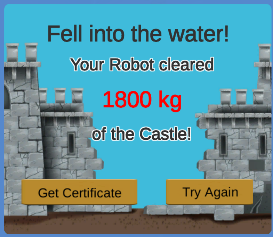 The VEXcode VR Castle Crasher plus playground certificate, showing that the robot fell into the water after pushing 1800 kilograms of the castle off the playground.