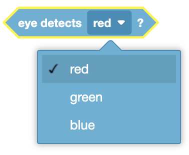 Imagen que ilustra el bloque "Detecta color" utilizado por el robot 123 para identificar colores específicos con su sensor ocular frontal.
