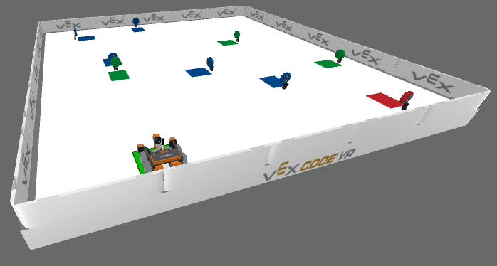 Diagrama del diseño del patio de juegos del laberinto de discos para robot VR, que mide 2000 mm x 2000 mm con coordenadas iniciales.
