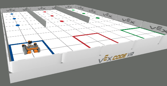 Imagen del diseño del patio de juegos de Disk Mover con atributos de robot VR y dimensiones de cuadrícula para el juego.