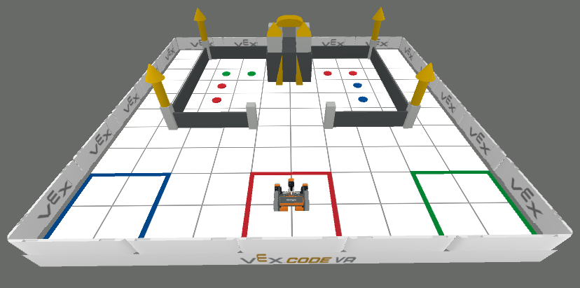Diagrama del área de juegos de transporte de discos, que muestra el diseño de la cuadrícula y los atributos del robot VR para la navegación y la interacción.