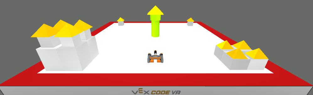 Diseño de patio de juegos dinámico de Castle Crasher con configuración y atributos de robot VR, rodeado por un borde rojo.