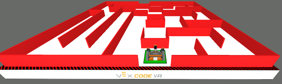 Diseño de laberinto de pared dinámico para el patio de juegos de robots de realidad virtual, con una cuadrícula y una posición inicial del robot.