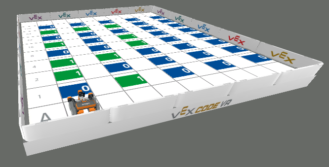 Representación visual del mensaje codificado relacionado con los atributos del robot VR y los detalles del patio de juegos en una cuadrícula de 2000 mm x 2000 mm.