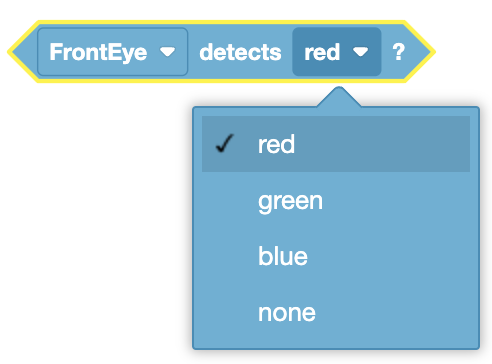 Interfaz de detección de color para Eye Sensor, que muestra opciones de color y niveles de brillo en un entorno de programación.