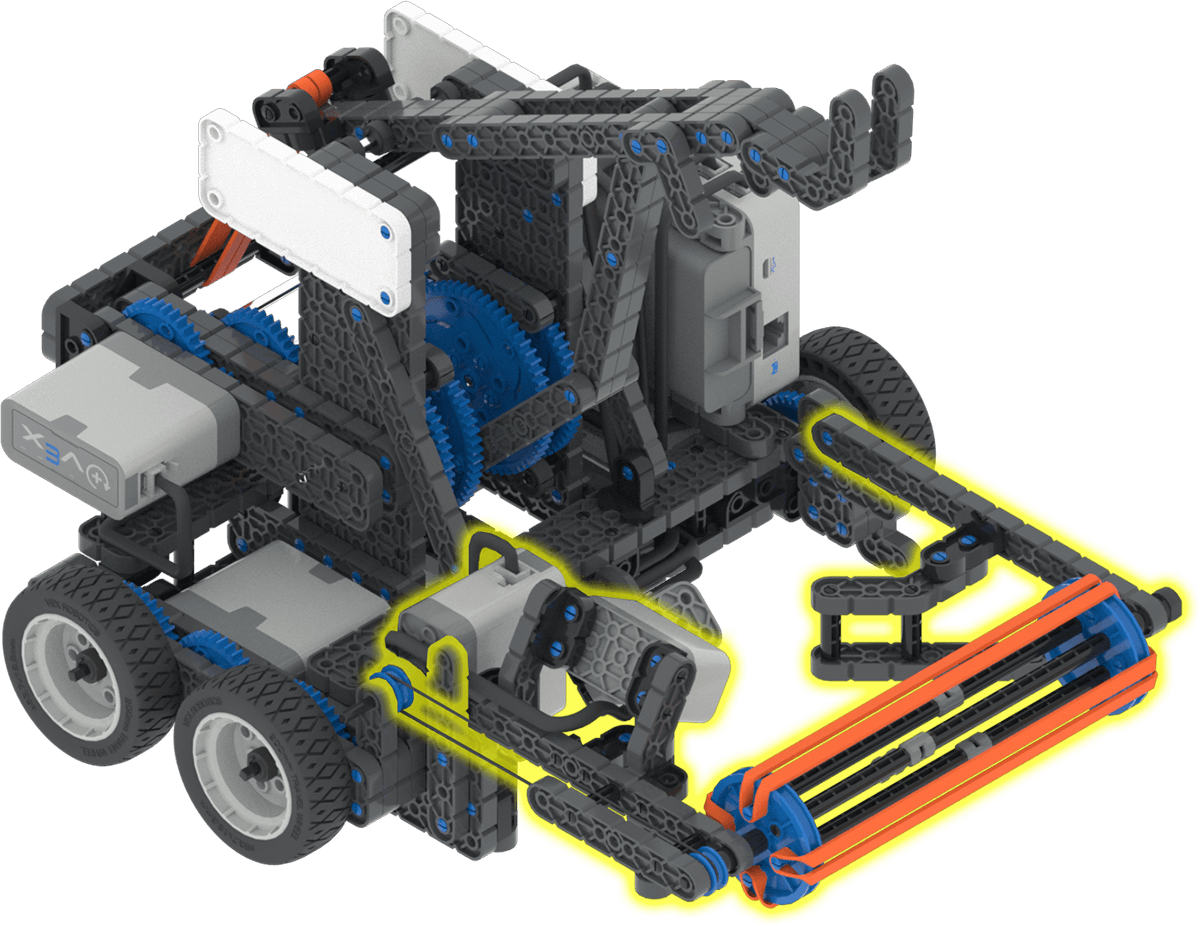 Motor de admisión para el robot VEX IQ Fling, utilizado para recolectar y liberar pelotas durante el juego.