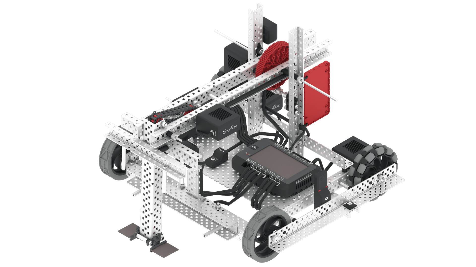 Robot VEX V5 Axel con brazo y motores de admisión, que muestra configuraciones de grupos de motores para el patio de juegos High Stakes.