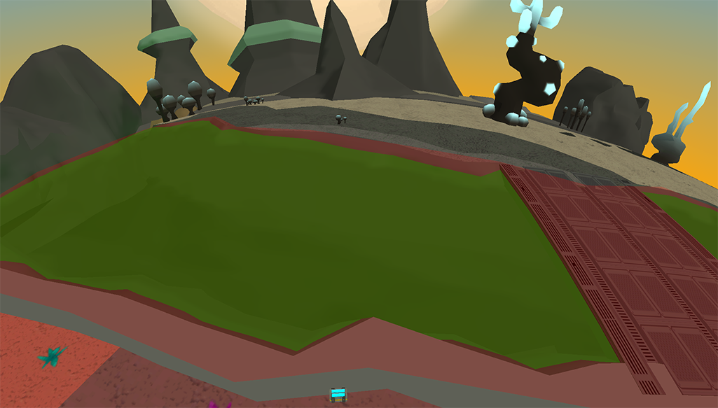 Hazardous river in Rover Rescue Playground, impassable green liquid requiring bridges for crossing.