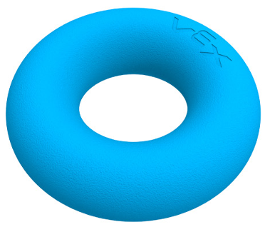La imagen muestra un anillo azul con forma de dona y textura suave, con el logotipo de VEX grabado en su superficie. Este anillo es una pieza de juego utilizada en las competiciones de VEX Robotics, donde los robots suelen manipularlo para sumar puntos colocándolo en objetivos o zonas específicas del campo de competición.