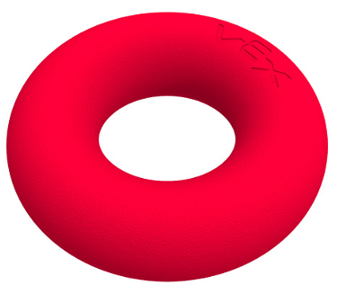 La imagen muestra un anillo rojo con forma de dona, de textura suave y con el logotipo de VEX grabado en su superficie. Este anillo es una pieza de juego utilizada en las competiciones de VEX Robotics, donde los robots suelen manipularlo para sumar puntos colocándolo en objetivos o zonas específicas del campo de competición.