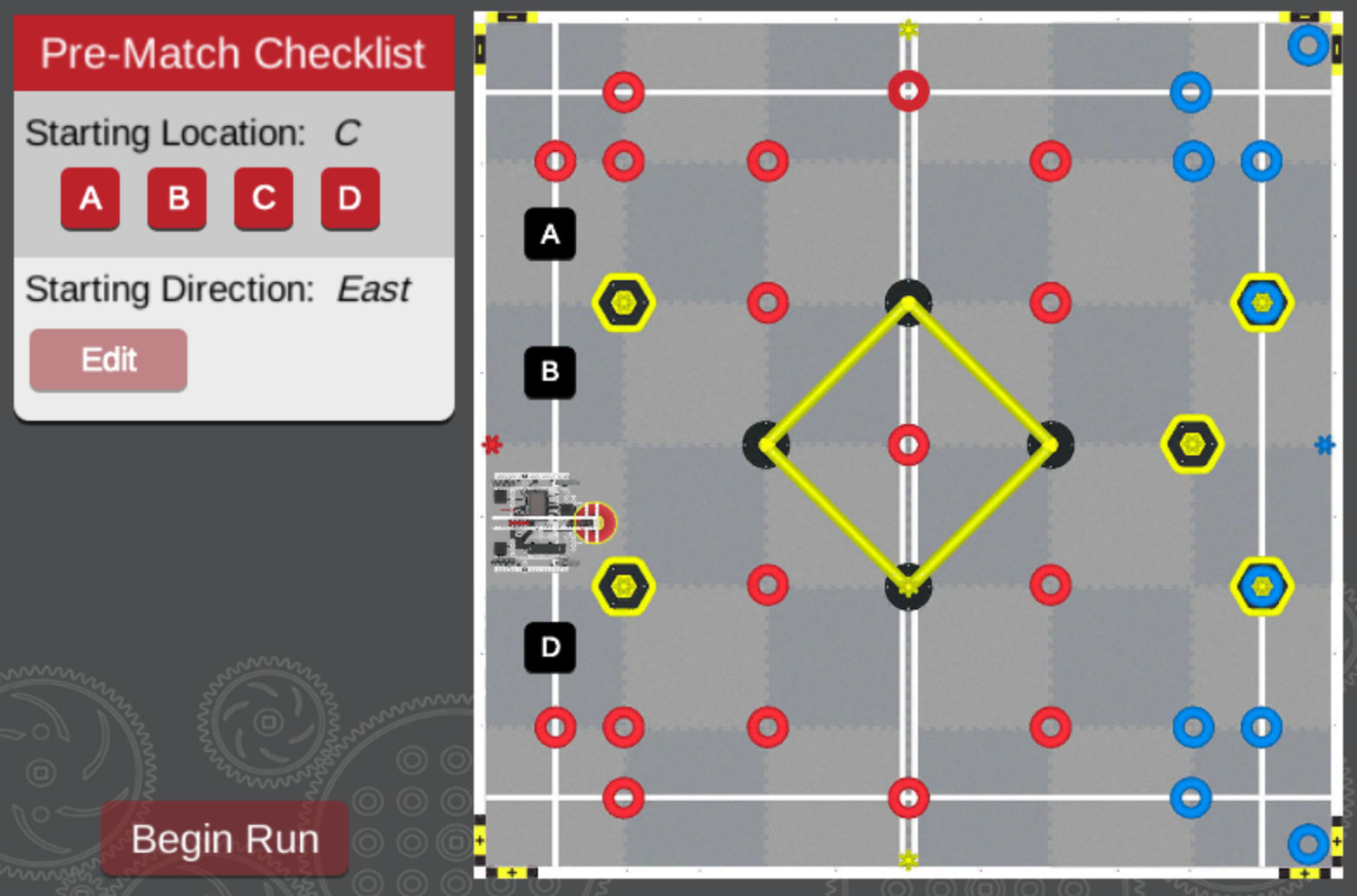 Un campo de competición de robótica con una lista de verificación previa a la partida a la izquierda. La ubicación de salida es "C", con botones A, B, C y D disponibles para seleccionar, y la dirección de salida es "Este". Hay etiquetas "A", "B" y "D" visibles en el campo, que marcan puntos de interés específicos. El botón "Iniciar Carrera" está listo para comenzar la partida.