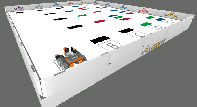 Ilustración del detector de línea para el patio de juegos de robots de realidad virtual, que muestra los atributos del robot y las configuraciones de los sensores.