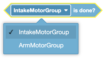 VEXcode VR blocks for motor control, including Spin, Stop, Set position, and Sensing functions for robot motion.