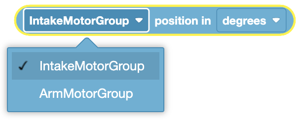 Diagram illustrating motor position and control blocks for VEXcode VR in robot programming.