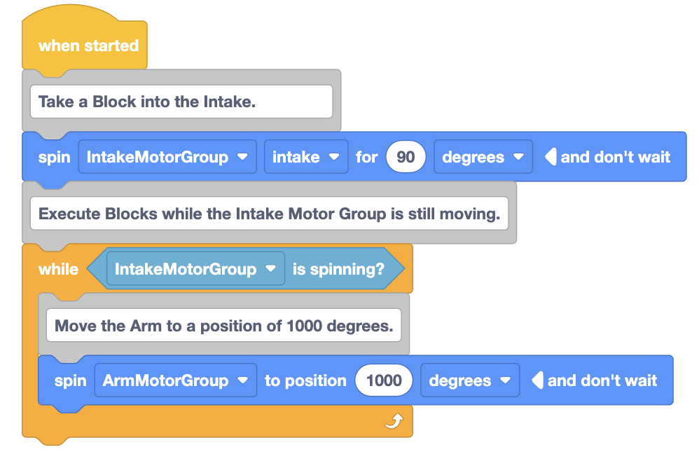 Diagrama que ilustra ejemplos de giro de motor utilizando bloques VEXcode VR para el control del movimiento del robot.