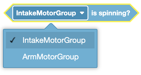 Diagrama que ilustra un motor giratorio en un robot con bloques de control de movimiento etiquetados para VEXcode VR.