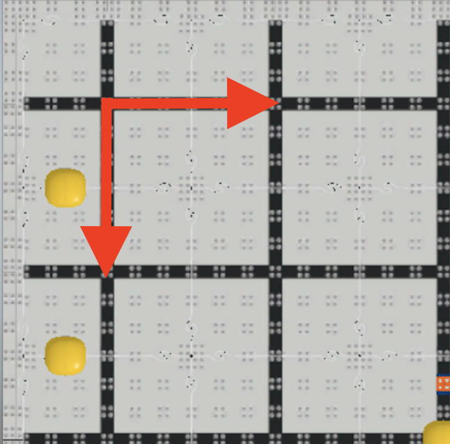 Diagrama del diseño del campo de juego de lanzamiento de habilidades virtuales VIQRC con medidas de cuadrícula y configuraciones de inicio.