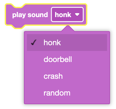 Imagen del bloque Reproducir sonido utilizado en VEXcode VR para seleccionar y reproducir efectos de sonido para el Robot 123.