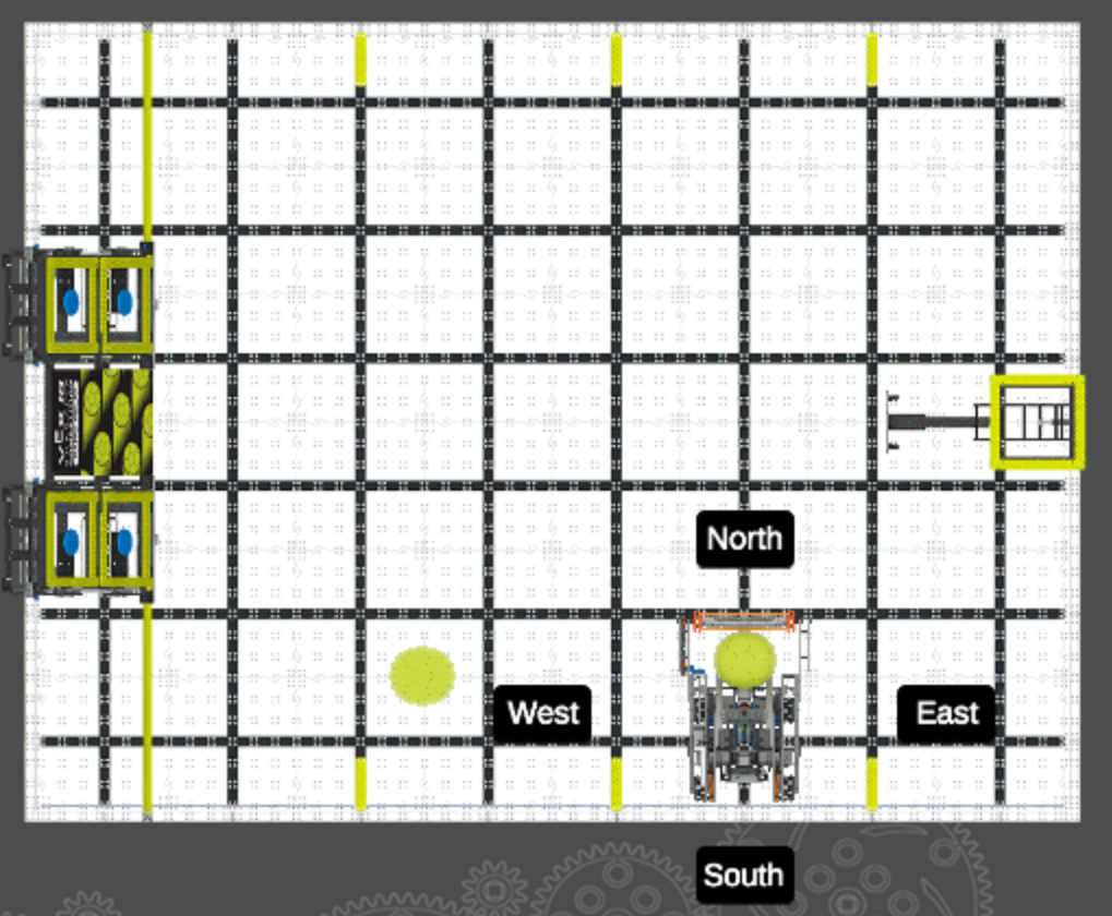 Diagrama del diseño del campo de juego de relevos rápidos de habilidades virtuales VIQRC con dimensiones y configuraciones iniciales.