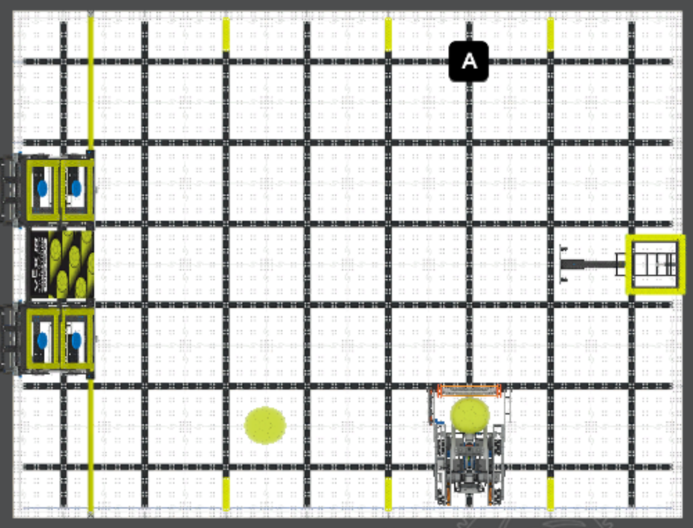 Diagrama del diseño del campo de juego de relevos rápidos de habilidades virtuales VIQRC con configuraciones de inicio de los elementos del juego.
