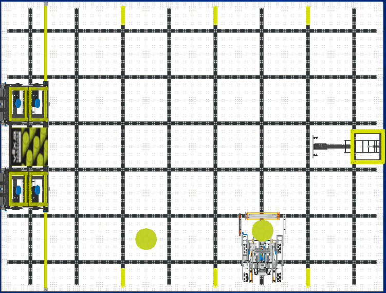 Vista de arriba hacia abajo del campo de juego de relevo rápido de habilidades virtuales VIQRC con elementos de juego y diseño de cuadrícula.