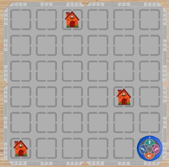 Ilustración de la actividad Ring and Run en el espacio de juego 123, que muestra los caminos y la posición inicial del robot 123.