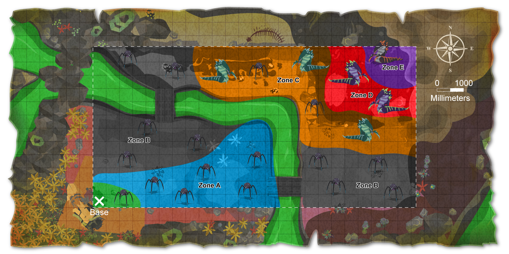 Mapa de las zonas de rescate de Rover que muestra enemigos, minerales y obstáculos en un diseño de patio de juegos de 12 000 x 6000 mm.