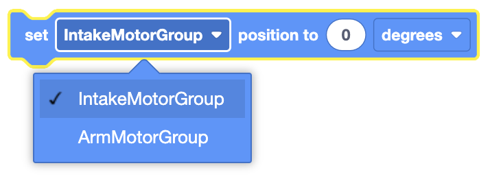 Diagram illustrating motor position and control blocks for VEXcode VR in robot programming.