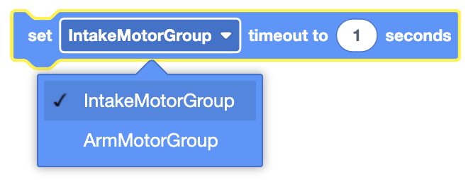 Diagrama que ilustra el bloque Establecer tiempo de espera del motor para definir límites de tiempo en los comandos de motor VR de VEXcode.