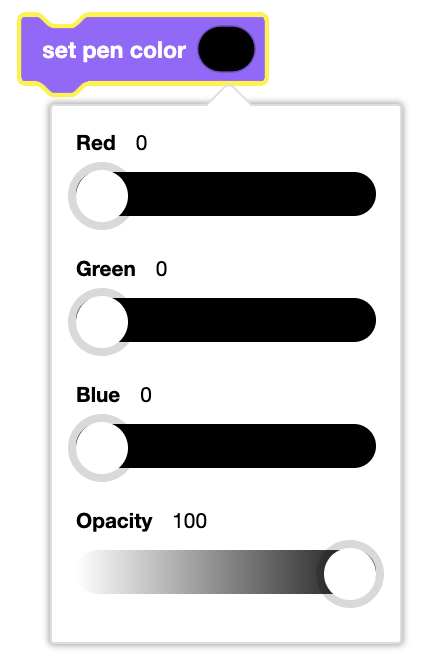 Imagen que muestra las opciones para configurar el color, el ancho y la configuración de impresión del lápiz en una interfaz de programación para VR Robot.