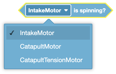 Imagen de un bloque de motor de robot VEX denominado "Spin" para controlar el movimiento del motor en la programación.