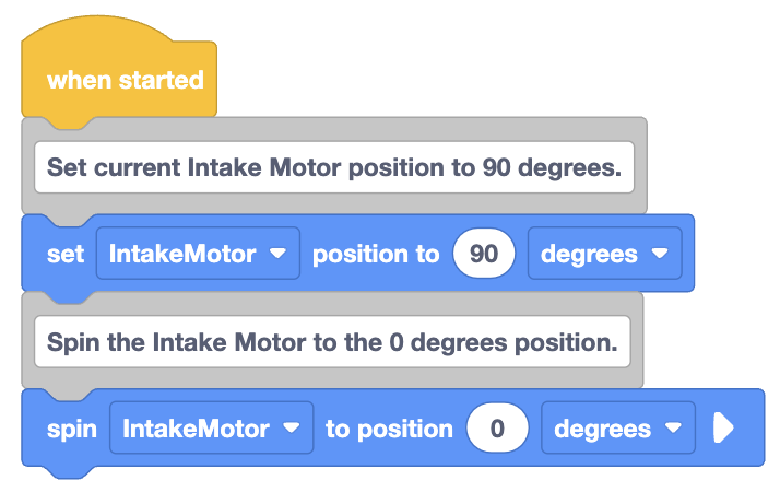 Ejemplo de configuración de la posición del motor en VEXcode VR usando el bloque Establecer posición del motor para el control del movimiento del robot.