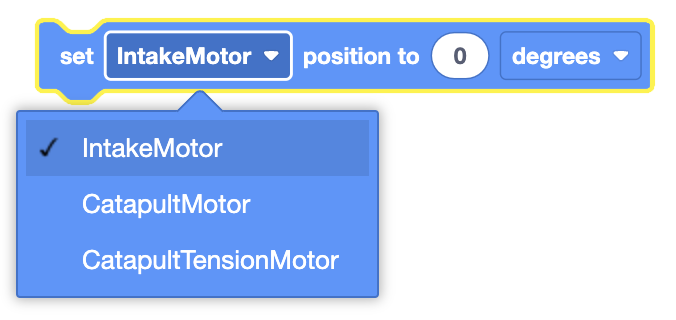 Imagen de un bloque VEXcode VR denominado 'Establecer posición del motor' para controlar las posiciones del codificador del motor en robótica.