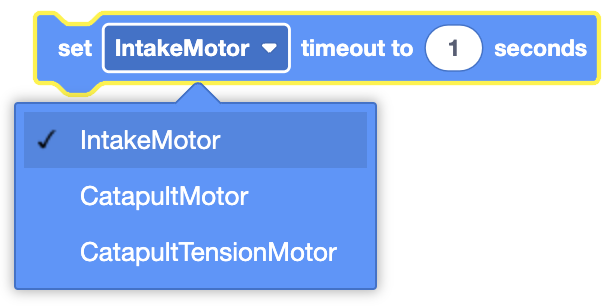 Diagrama que ilustra el bloque Establecer tiempo de espera del motor para controlar el movimiento del motor en VEXcode VR.