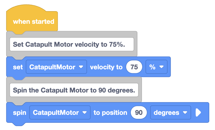 Ejemplo de configuración de la velocidad del motor en VEXcode VR para el control del movimiento del robot.