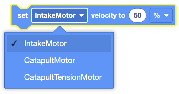 Diagrama que ilustra el bloque Establecer velocidad del motor para controlar la velocidad del motor en la programación VR de VEXcode.