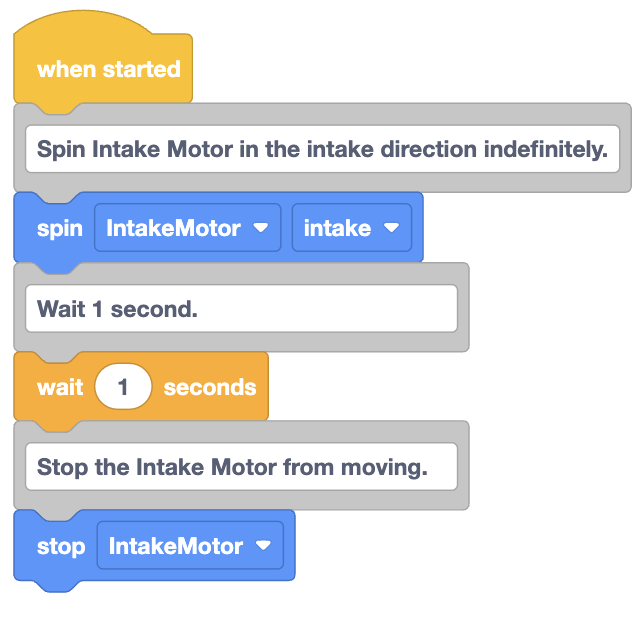 Imagen que ilustra el bloque Spin en VEXcode VR, demostrando el giro del motor para la dirección de admisión.